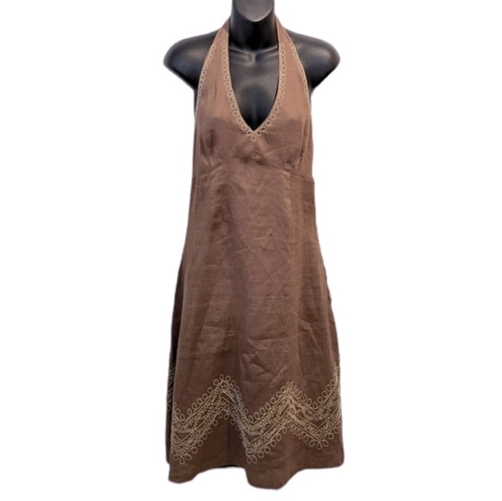 RW&CO. Brown One-Shoulder Linen Dress with Cream Embroidery
